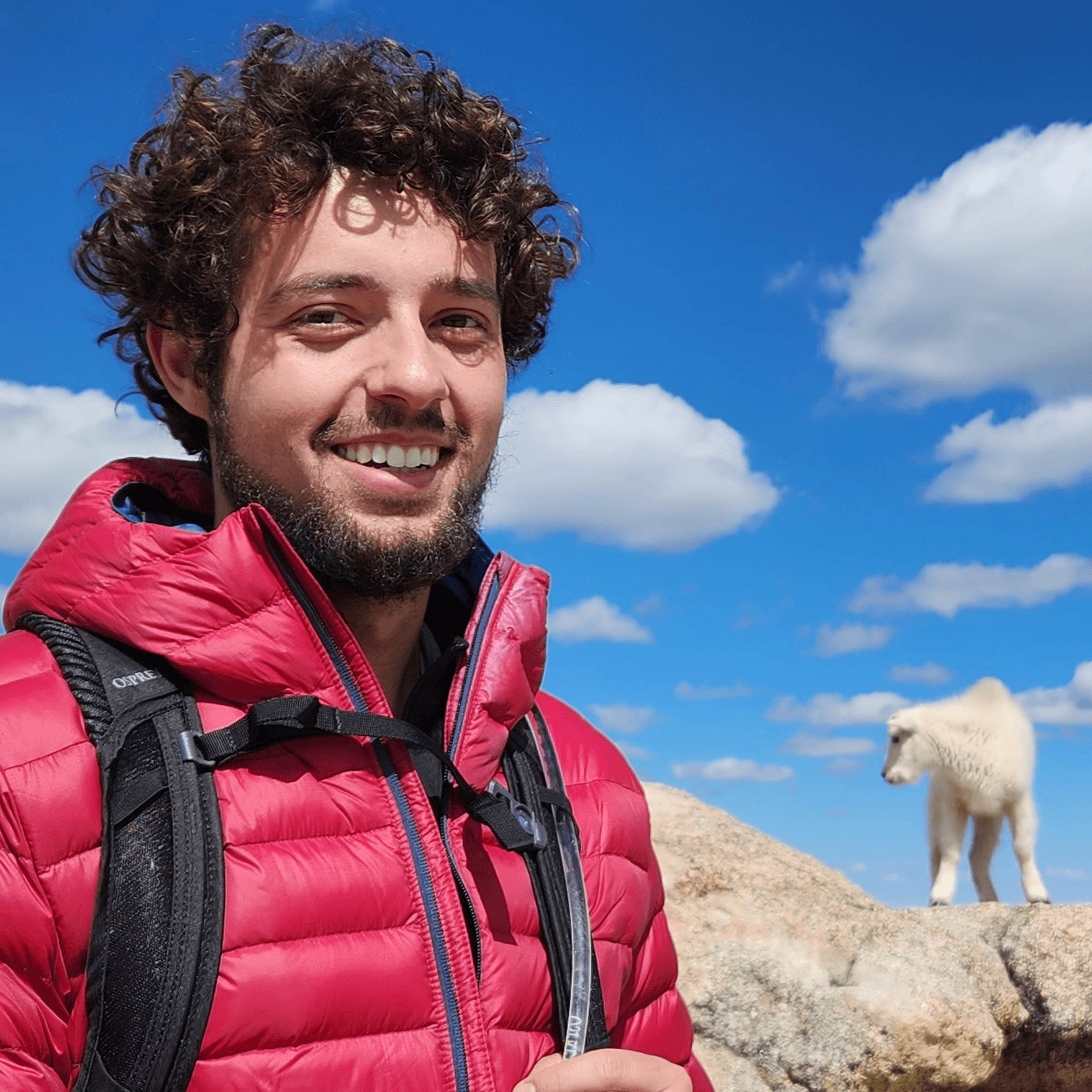 A photo of Enes Grahovac at the peak of Mount Blue Sky in Colorado, a mountain goat is on the right.